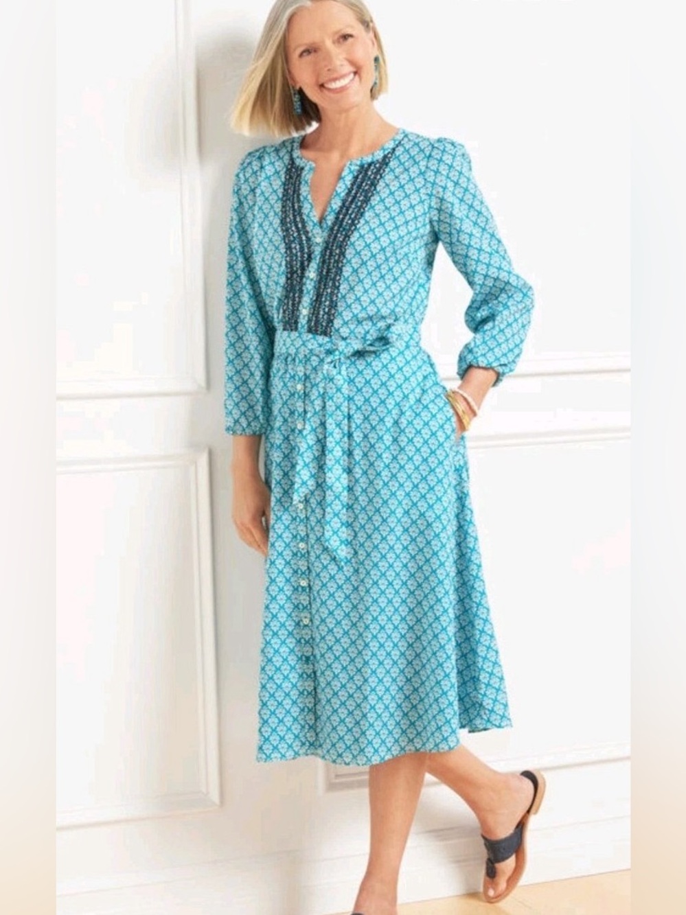 Talbots Teal Printed Embroidered Neck Line Tie Belted Cotton Midi Dress Size 16